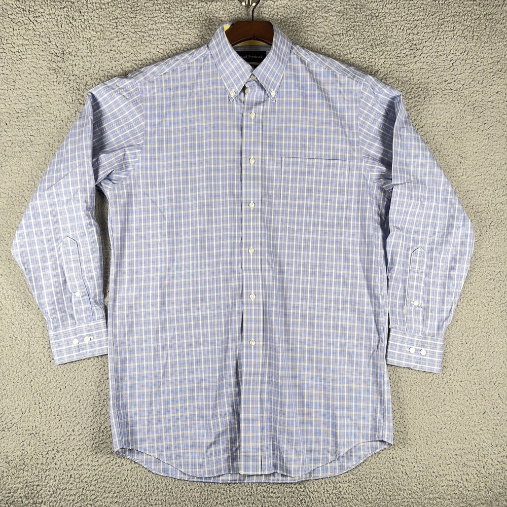 Paul Fredrick Mens 15x32 Blue Yellow Check Non Iron Two Ply Cotton Dress Shirt